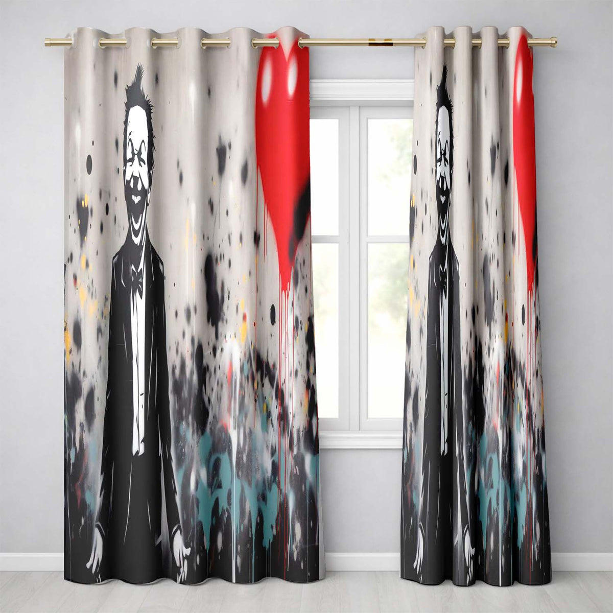 Laughing Man with Red Heart Urban Graffiti Artistic Modern Artwork for Home Decor Readymade Eyelet Ring Top Thermal 100% Blackout Curtains