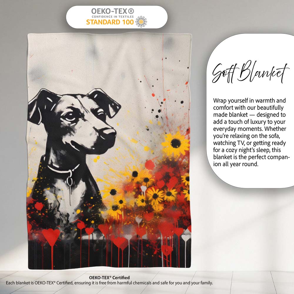 Dog Portrait with Red and Yellow Flowers, Bedroom Living Room Accent, Decorative Wall Art Style - Super Soft Fleece Blanket Bed Sofa Throw