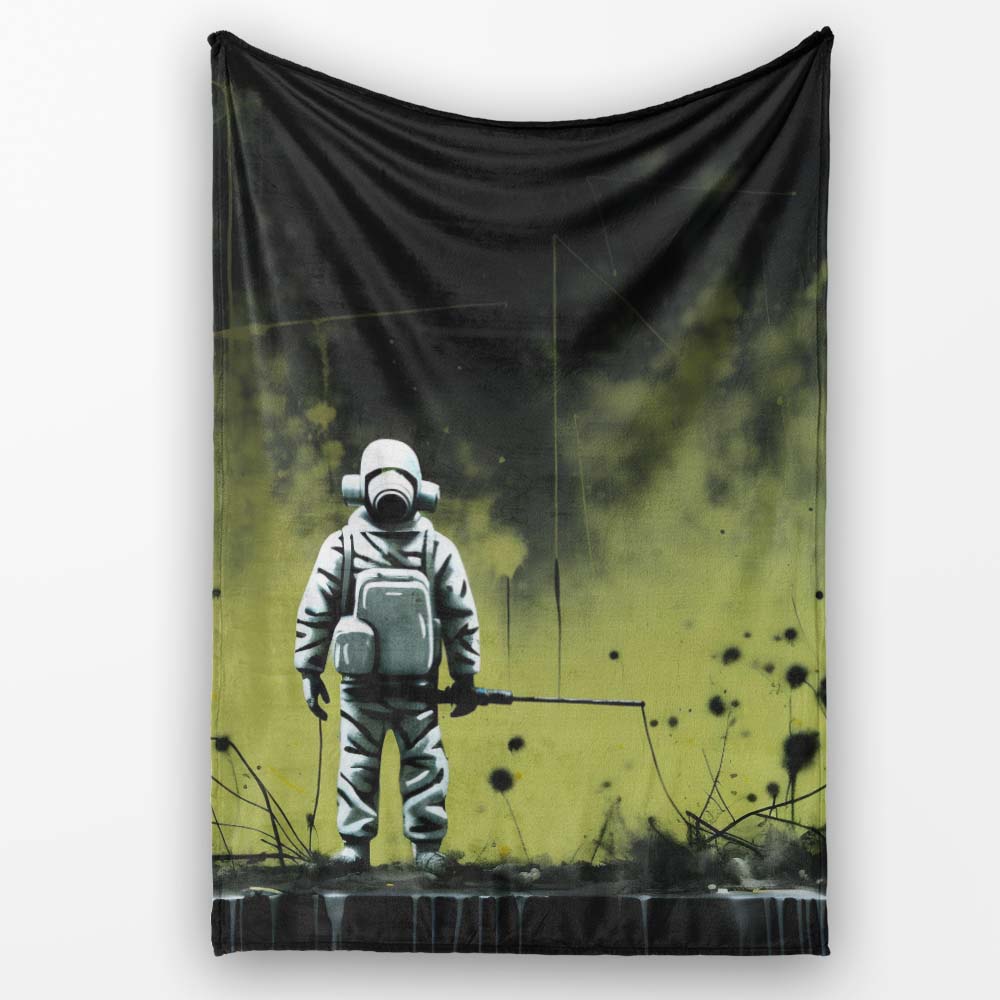 Lone Figure in Green Toxic Landscape Street Art, Bedroom Living Room Accent, All Season Comfort - Super Soft Fleece Blanket Bed Sofa Throw