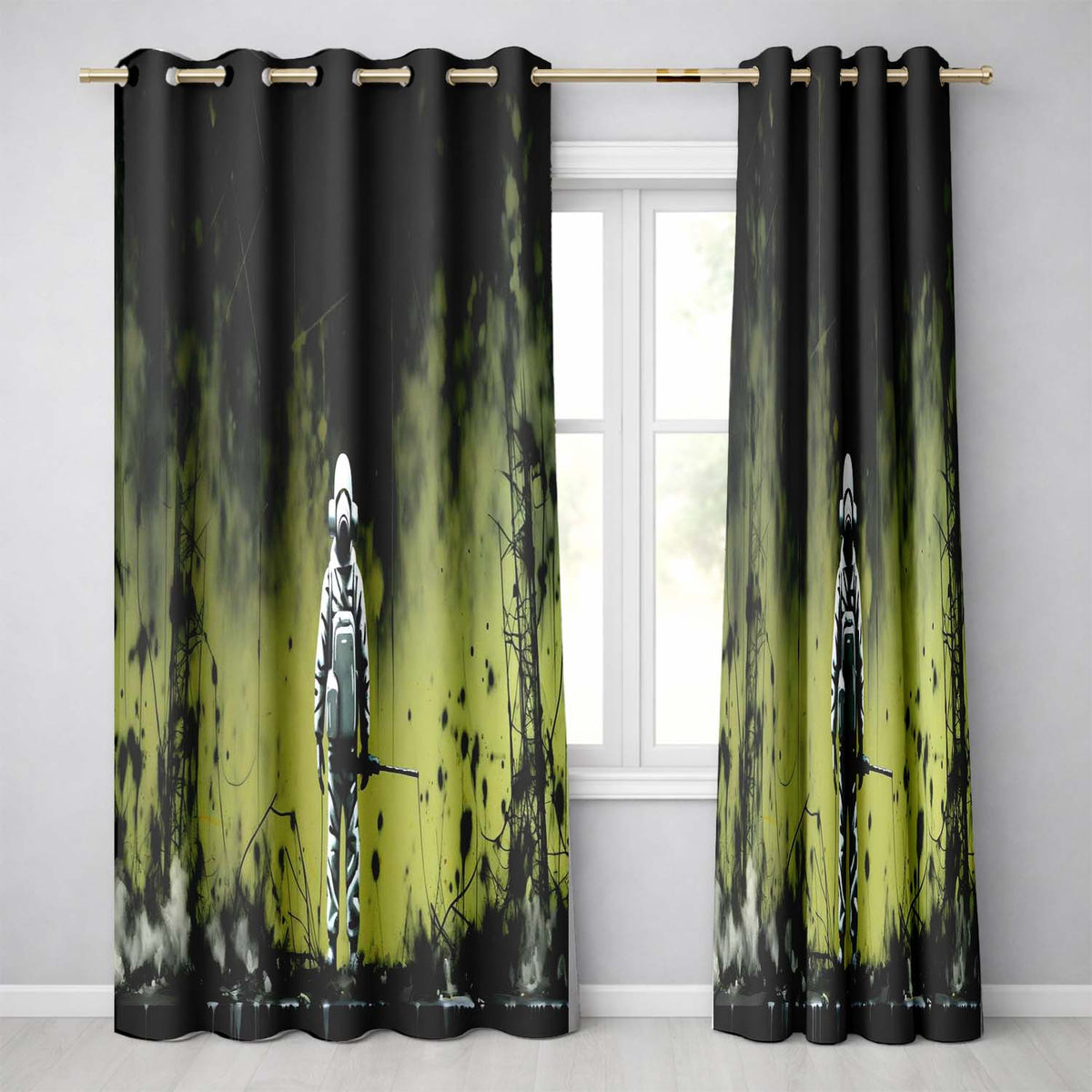 Lone Figure in Green Toxic Landscape Street Art Vibrant Artwork for Bedroom Decor Readymade Eyelet Ring Top Thermal 100% Blackout Curtains