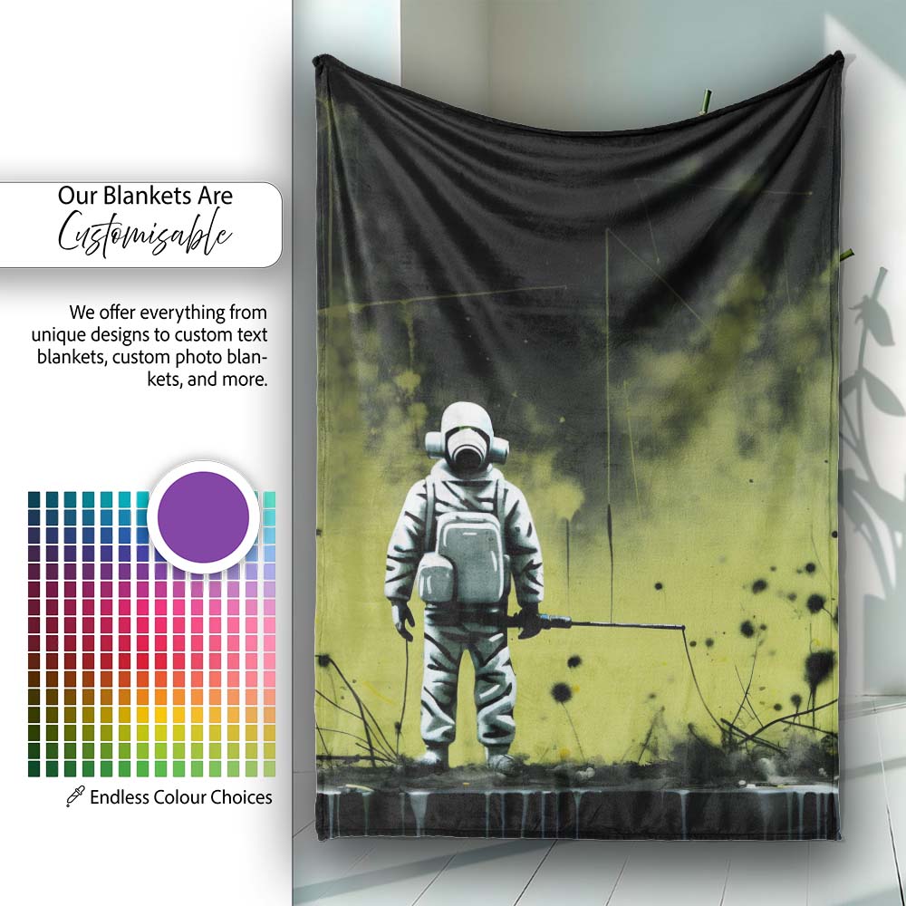 Lone Figure in Green Toxic Landscape Street Art, Bedroom Living Room Accent, All Season Comfort - Super Soft Fleece Blanket Bed Sofa Throw