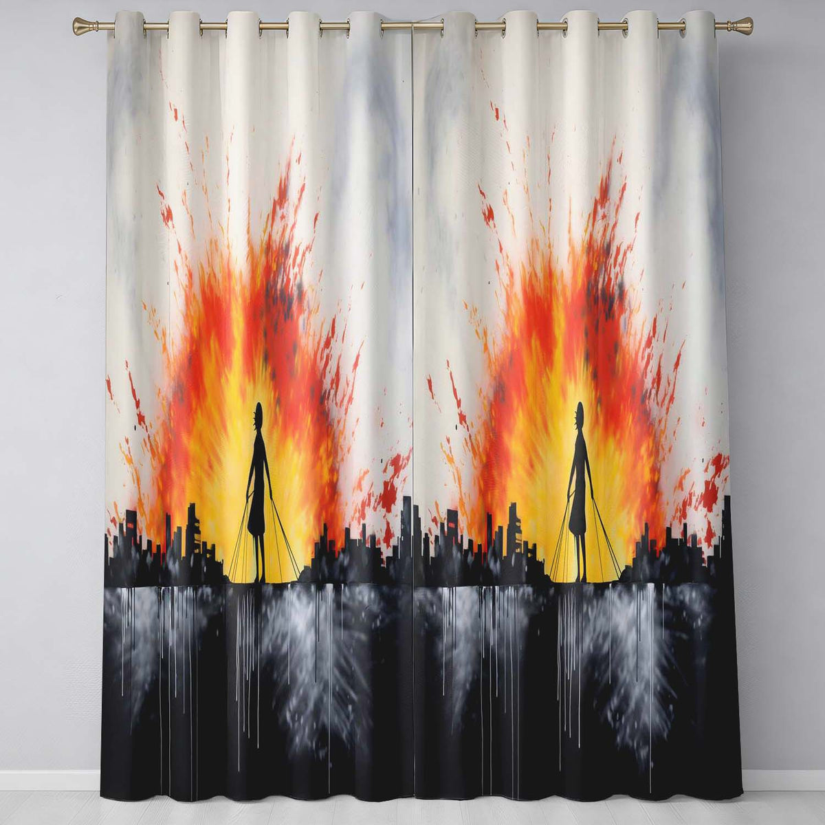 Girl Walking Dogs at Sunset Silhouette Modern Contemporary Artwork for Home Decor Readymade Eyelet Ring Top Thermal 100% Blackout Curtains