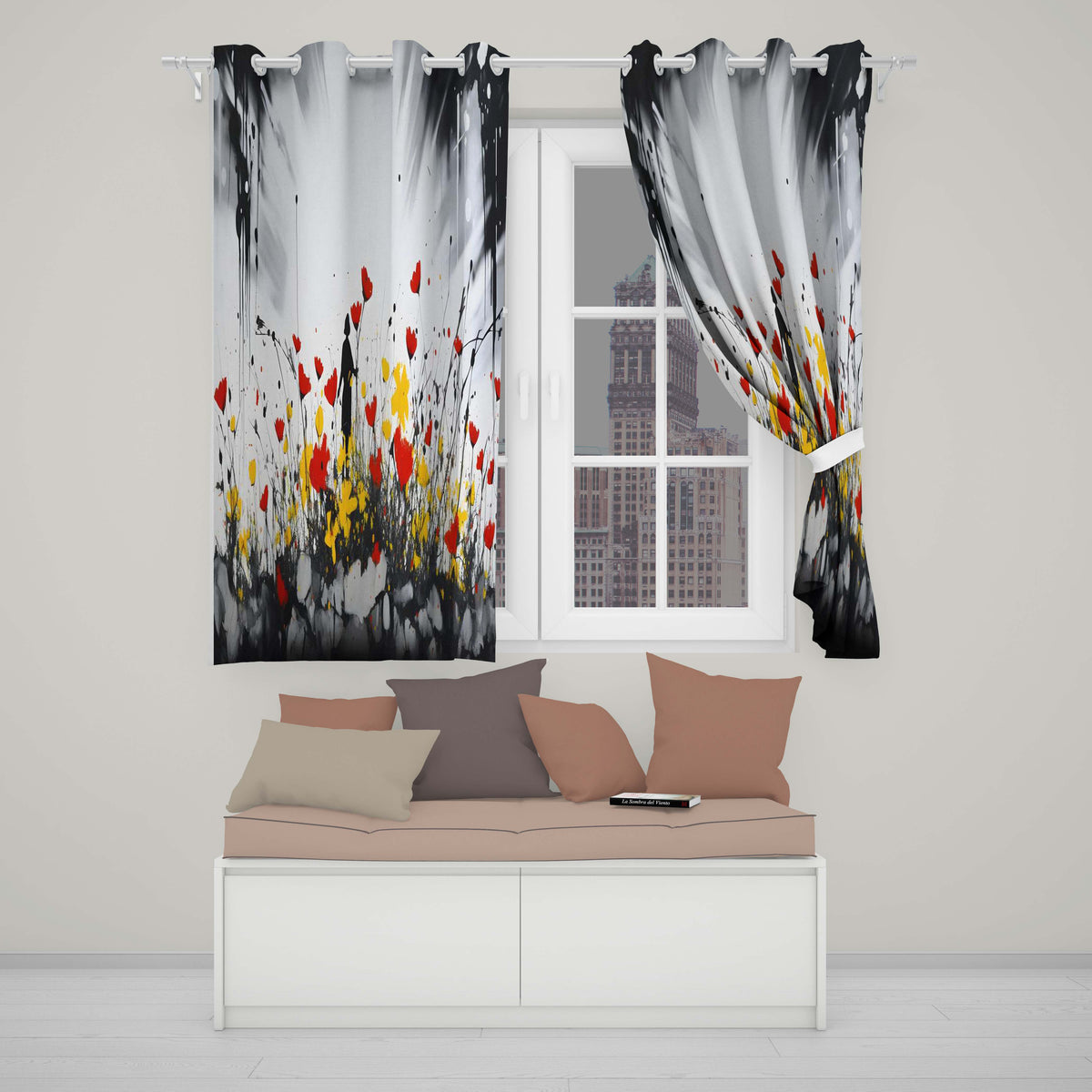 Solitary Figure in Red and Yellow Wildflower Field Decorative Artistic Home Decor Readymade Eyelet Ring Top Thermal 100% Blackout Curtains