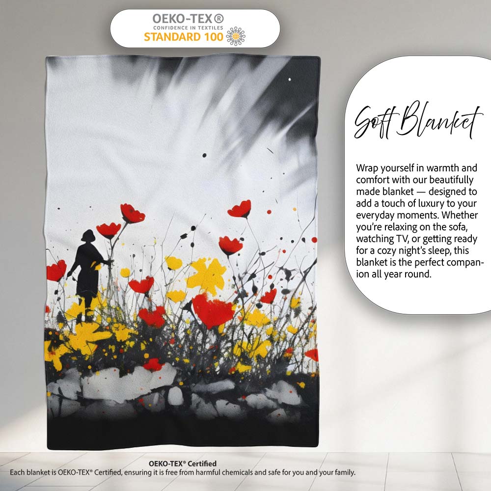 Solitary Figure in Red and Yellow Wildflower Field, All Season Comfort, Stylish Room Decoration - Super Soft Fleece Blanket Bed Sofa Throw