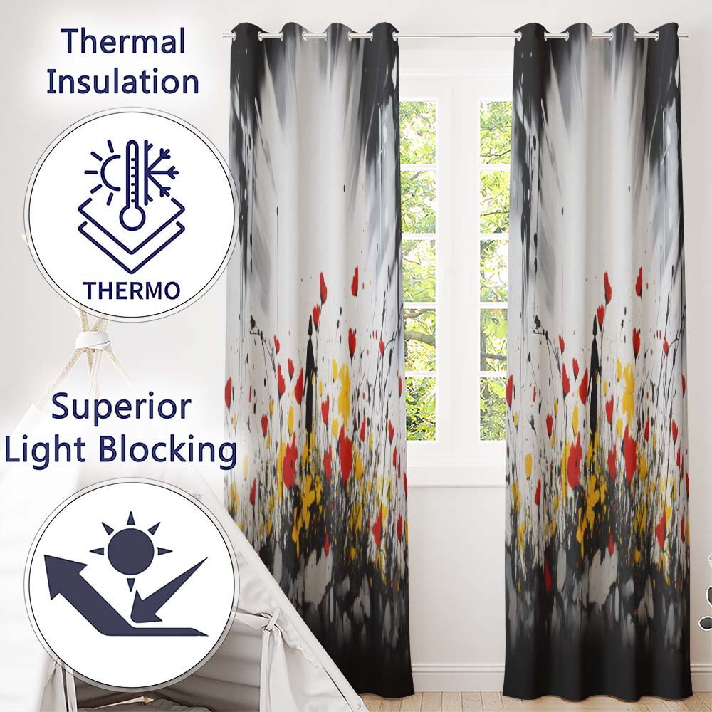Solitary Figure in Red and Yellow Wildflower Field Decorative Artistic Home Decor Readymade Eyelet Ring Top Thermal 100% Blackout Curtains