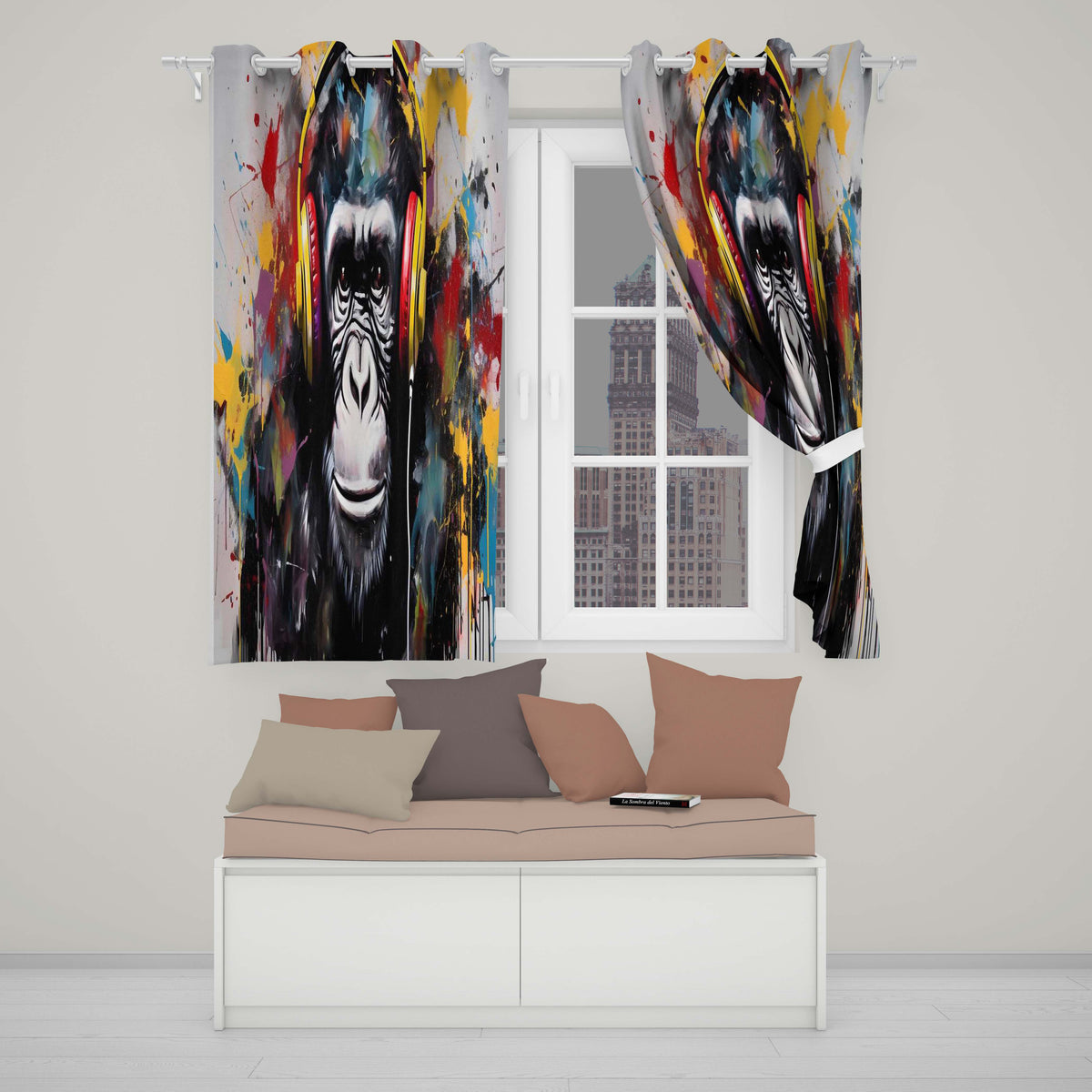 Chimpanzee with Colourful Headphones Pop Art Bold Artistic Artwork for Home Decor Readymade Eyelet Ring Top Thermal 100% Blackout Curtains