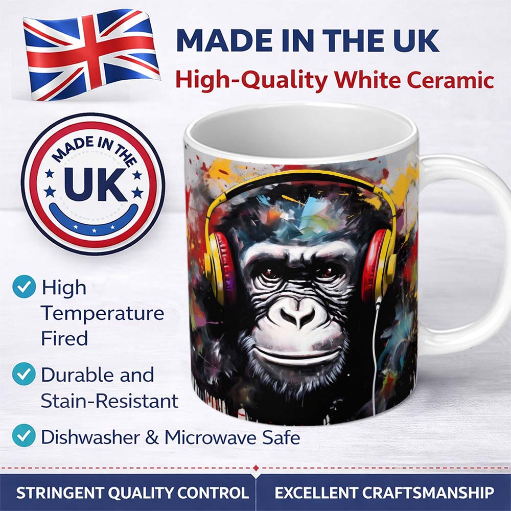 Chimpanzee with Colourful Headphones Pop Art 11oz Ceramic Coffee Tea Mug White Large Handle