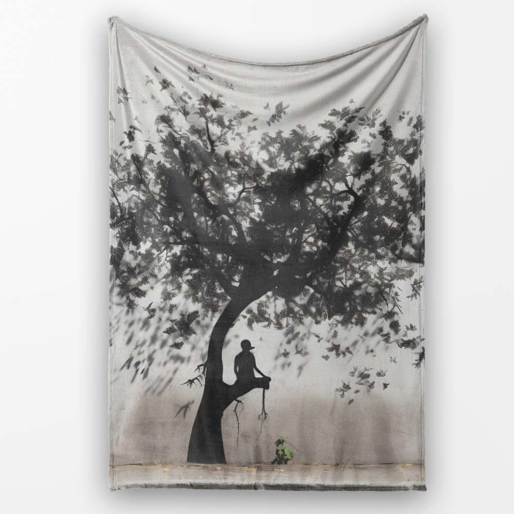 Meditating Figure Beneath Black Tree Minimalist, Bedroom Living Room Accent, All Season Comfort - Super Soft Fleece Blanket Bed Sofa Throw