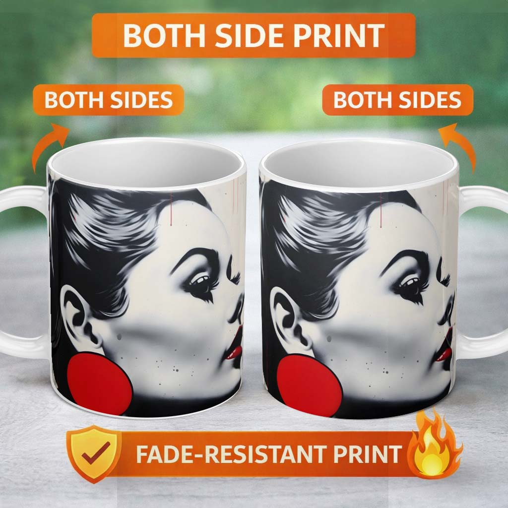 Monochrome Woman Portrait with Red Earrings 11oz Ceramic Coffee Tea Mug White Large Handle