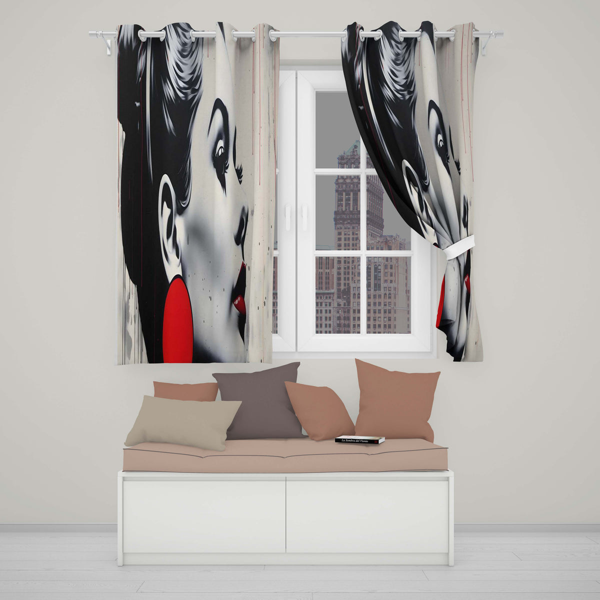 Monochrome Woman Portrait with Red Earrings Modern Vibrant Artwork for Home Decor Readymade Eyelet Ring Top Thermal 100% Blackout Curtains