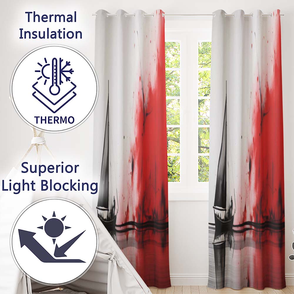 Black Sailing Boat with Red Abstract Splash Unique Elegant Artwork for Home Decor Readymade Eyelet Ring Top Thermal 100% Blackout Curtains