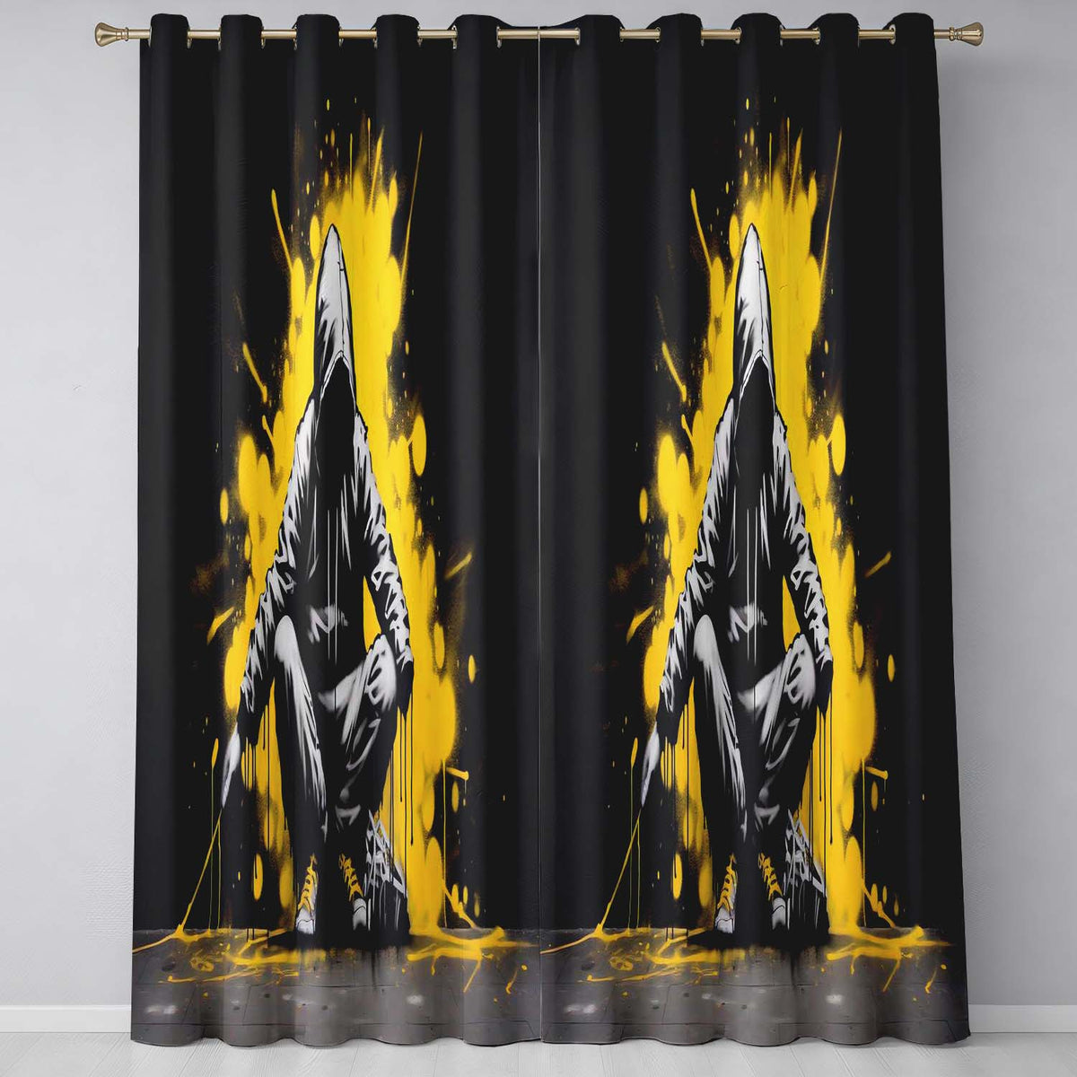 Hooded Figure with Yellow Paint Splash Artistic Artwork for Modern Interior Decor Readymade Eyelet Ring Top Thermal 100% Blackout Curtains
