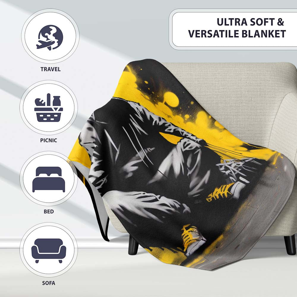 Hooded Figure with Yellow Paint Splash, Decorative Wall Art Style, Thoughtful Housewarming Gift - Super Soft Fleece Blanket Bed Sofa Throw