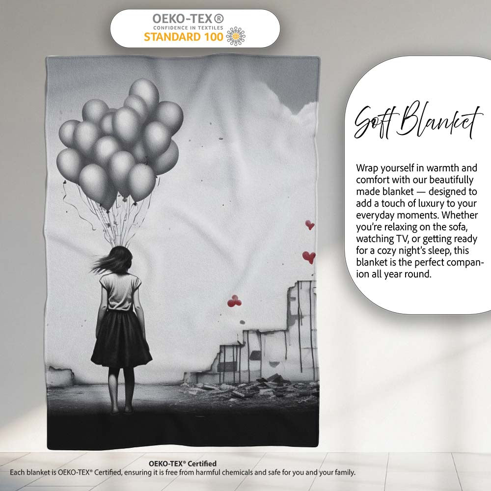 Girl Holding Silver Balloons in Ruined City, Bedroom Living Room Accent, Unique Artistic Design - Super Soft Fleece Blanket Bed Sofa Throw