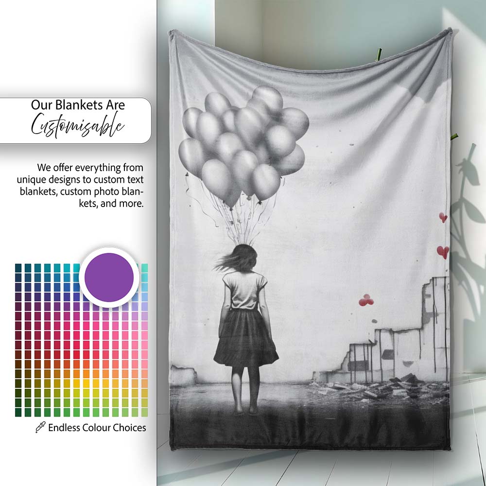 Girl Holding Silver Balloons in Ruined City, Bedroom Living Room Accent, Unique Artistic Design - Super Soft Fleece Blanket Bed Sofa Throw