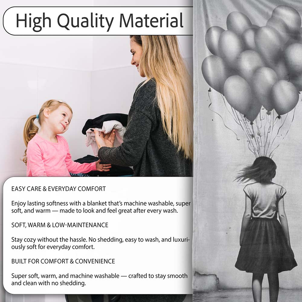 Girl Holding Silver Balloons in Ruined City, Bedroom Living Room Accent, Unique Artistic Design - Super Soft Fleece Blanket Bed Sofa Throw