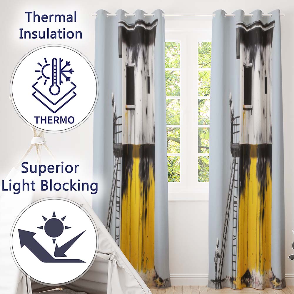 Children Climbing Yellow Graffiti Building Artistic Modern Artwork for Home Decor Readymade Eyelet Ring Top Thermal 100% Blackout Curtains