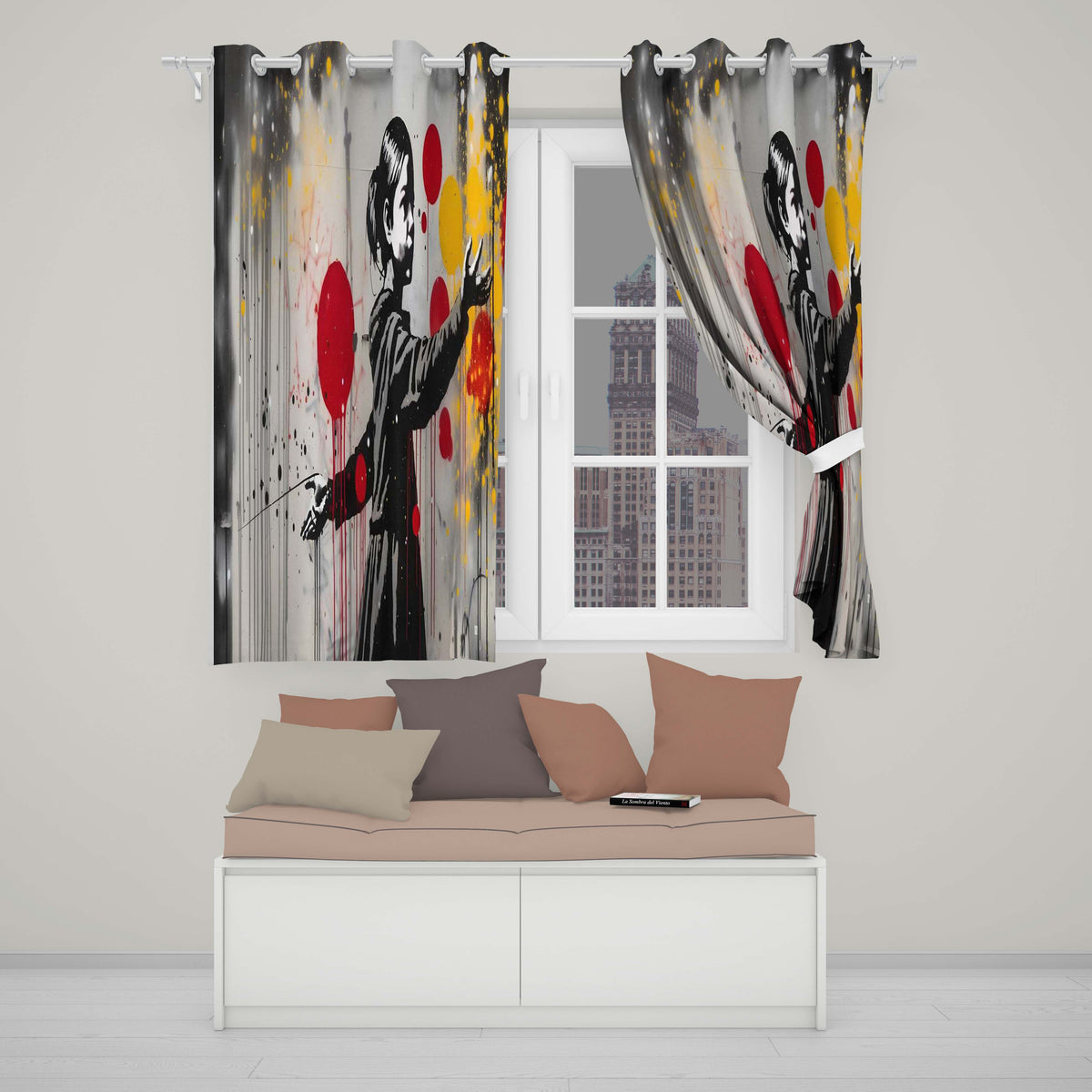 Girl Reaching for Red and Yellow Balloons Graffiti Decorative Artistic Home Decor Readymade Eyelet Ring Top Thermal 100% Blackout Curtains
