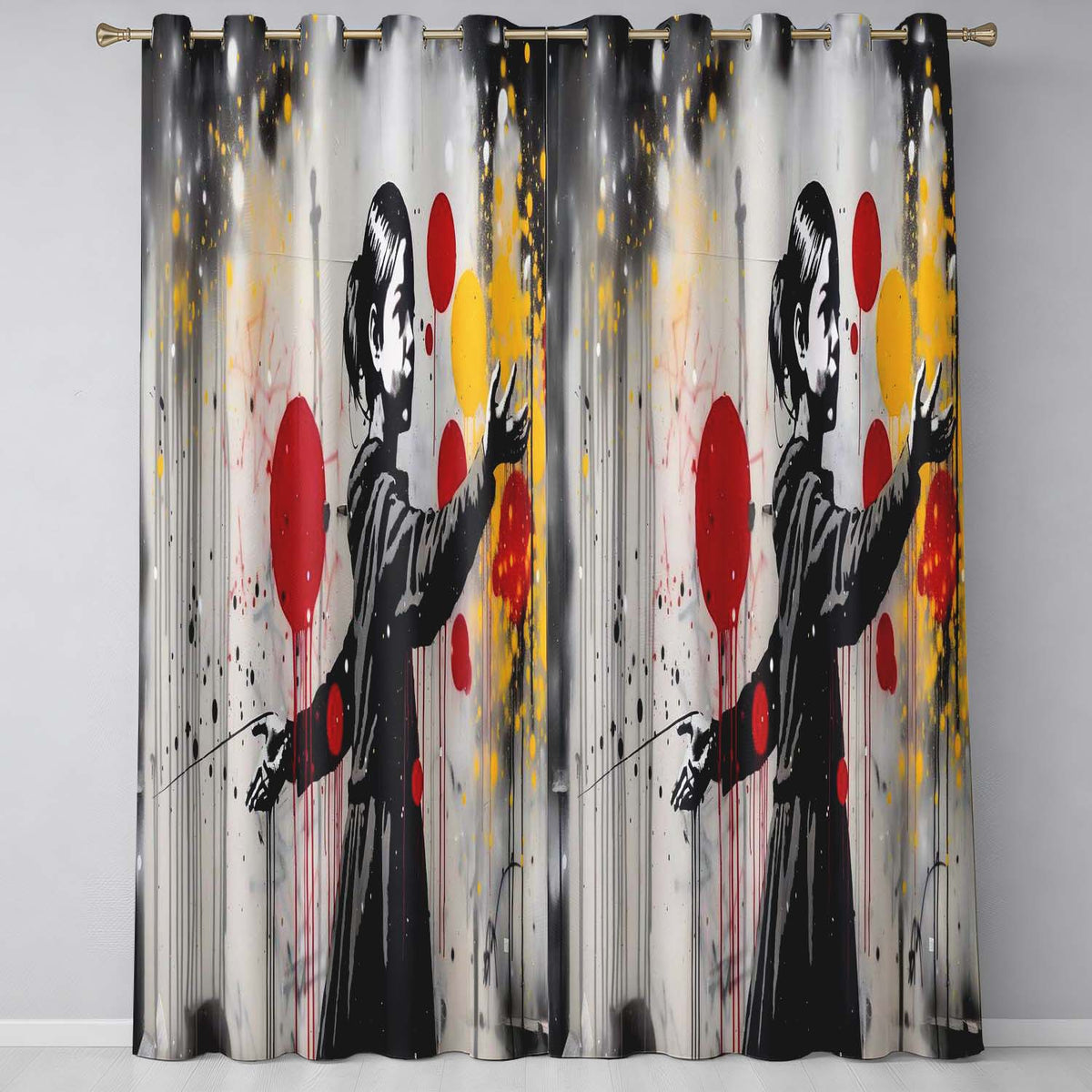 Girl Reaching for Red and Yellow Balloons Graffiti Decorative Artistic Home Decor Readymade Eyelet Ring Top Thermal 100% Blackout Curtains