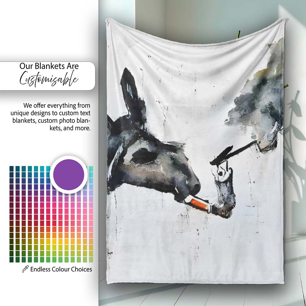 Smoking Donkey Watercolour Urban Street Art, Bedroom Living Room Accent, Unique Artistic Design - Super Soft Fleece Blanket Bed Sofa Throw