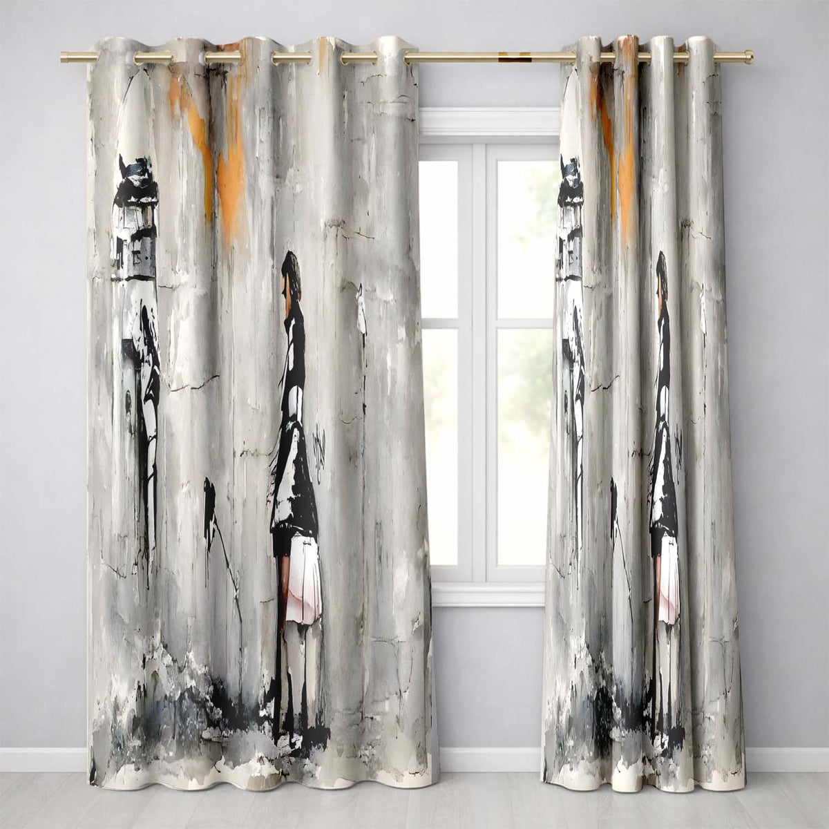 Woman in Black and White Dress Urban Graffiti Bold Vibrant Artwork for Home Decor Readymade Eyelet Ring Top Thermal 100% Blackout Curtains