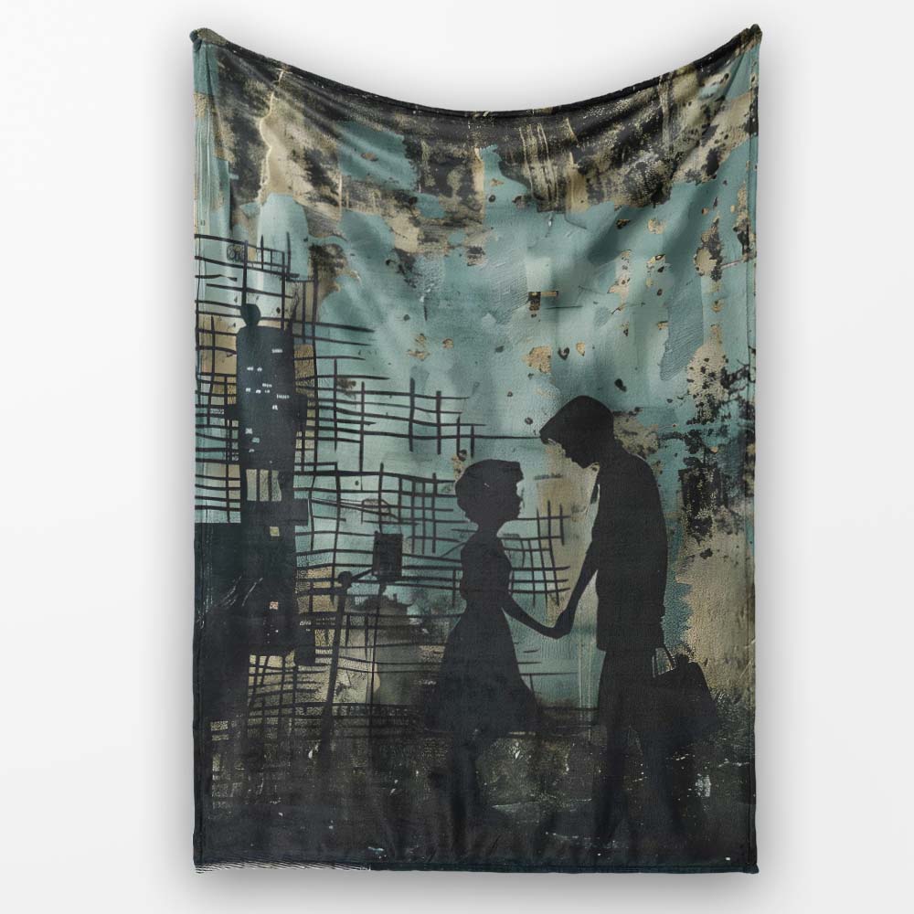 Couple Holding Hands City Silhouette Street Art, Bedroom Living Room Accent, All Season Comfort - Super Soft Fleece Blanket Bed Sofa Throw