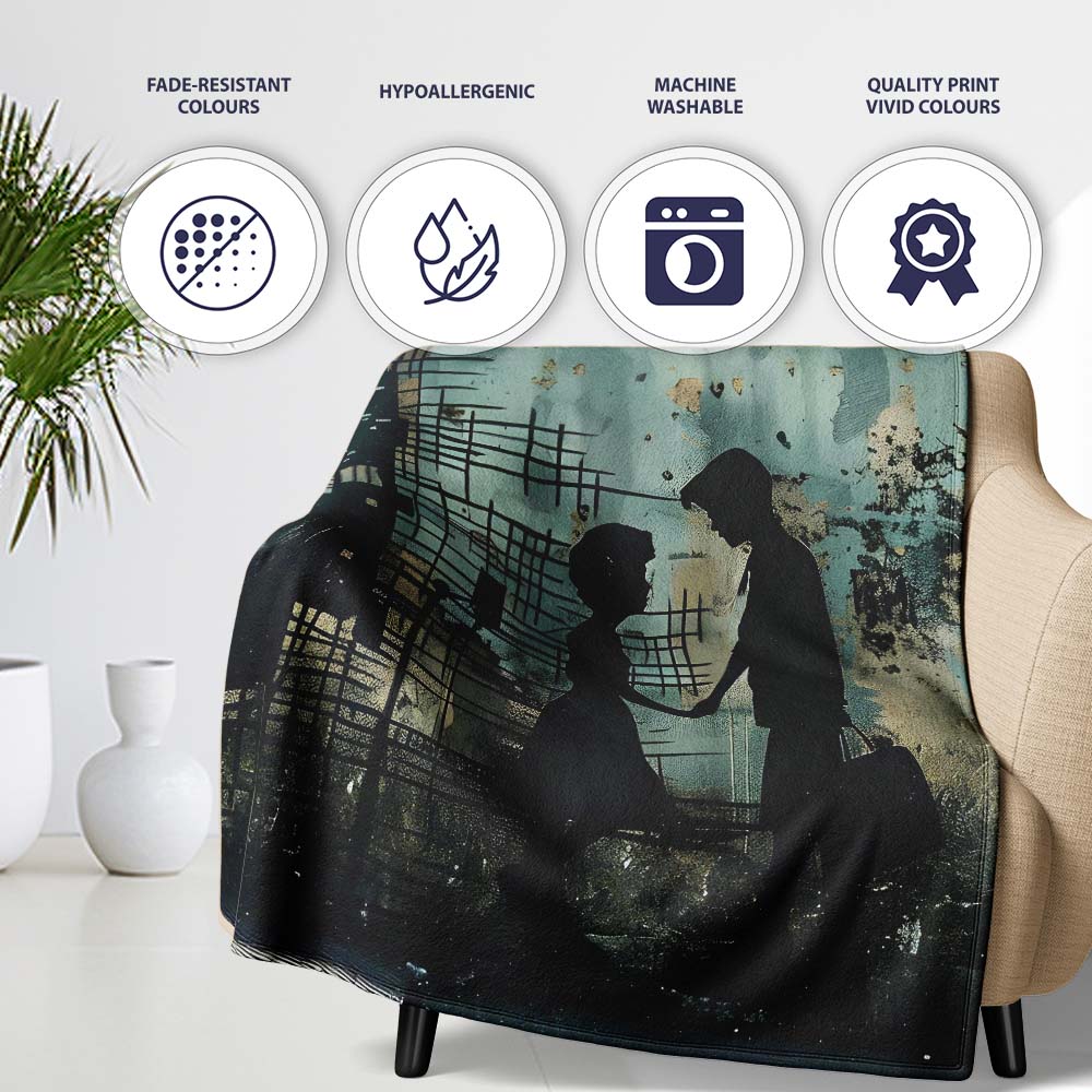 Couple Holding Hands City Silhouette Street Art, Bedroom Living Room Accent, All Season Comfort - Super Soft Fleece Blanket Bed Sofa Throw