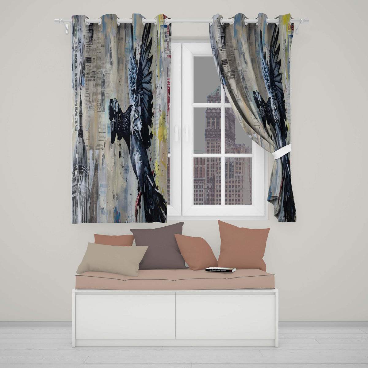 Pigeon Wearing Binoculars Newspaper Collage Stylish Unique Artwork for Home Decor Readymade Eyelet Ring Top Thermal 100% Blackout Curtains