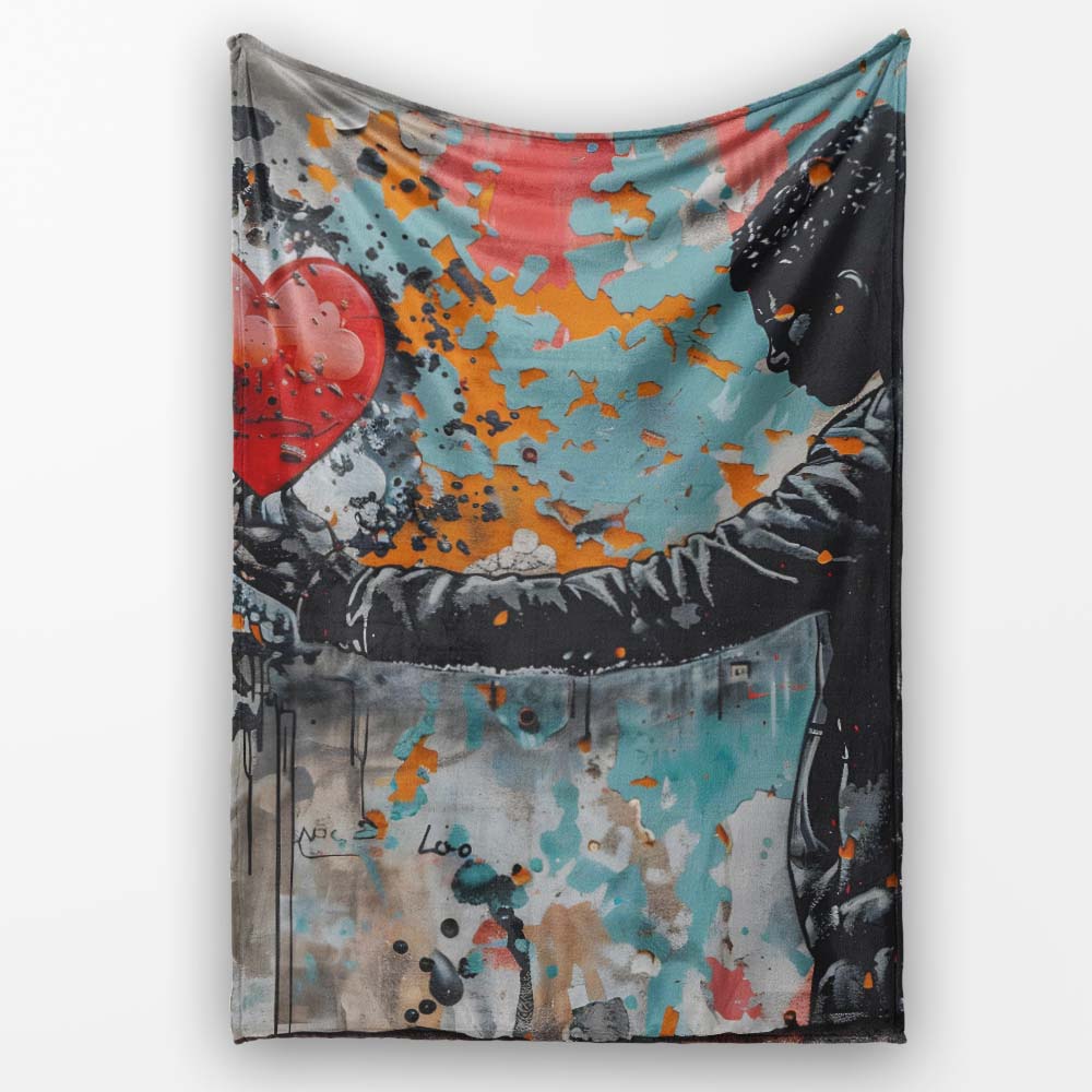 Man Holding Red Heart on Textured Graffiti Wall, Bedroom Living Room Accent, All Season Comfort - Super Soft Fleece Blanket Bed Sofa Throw