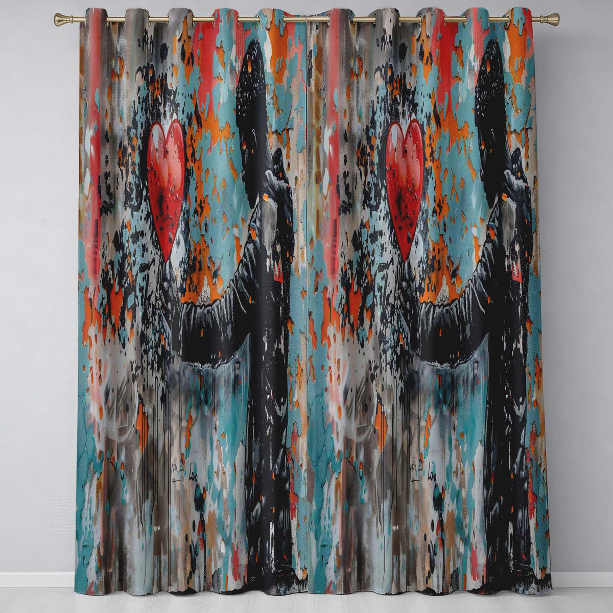 Man Holding Red Heart on Textured Graffiti Wall Vibrant Artwork for Bedroom Decor Readymade Eyelet Ring Top Thermal 100% Blackout Curtains