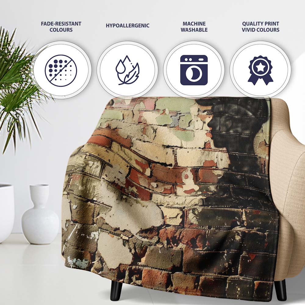 Black Human Profile on Weathered Brick Wall, Bedroom Living Room Accent, Unique Artistic Design - Super Soft Fleece Blanket Bed Sofa Throw