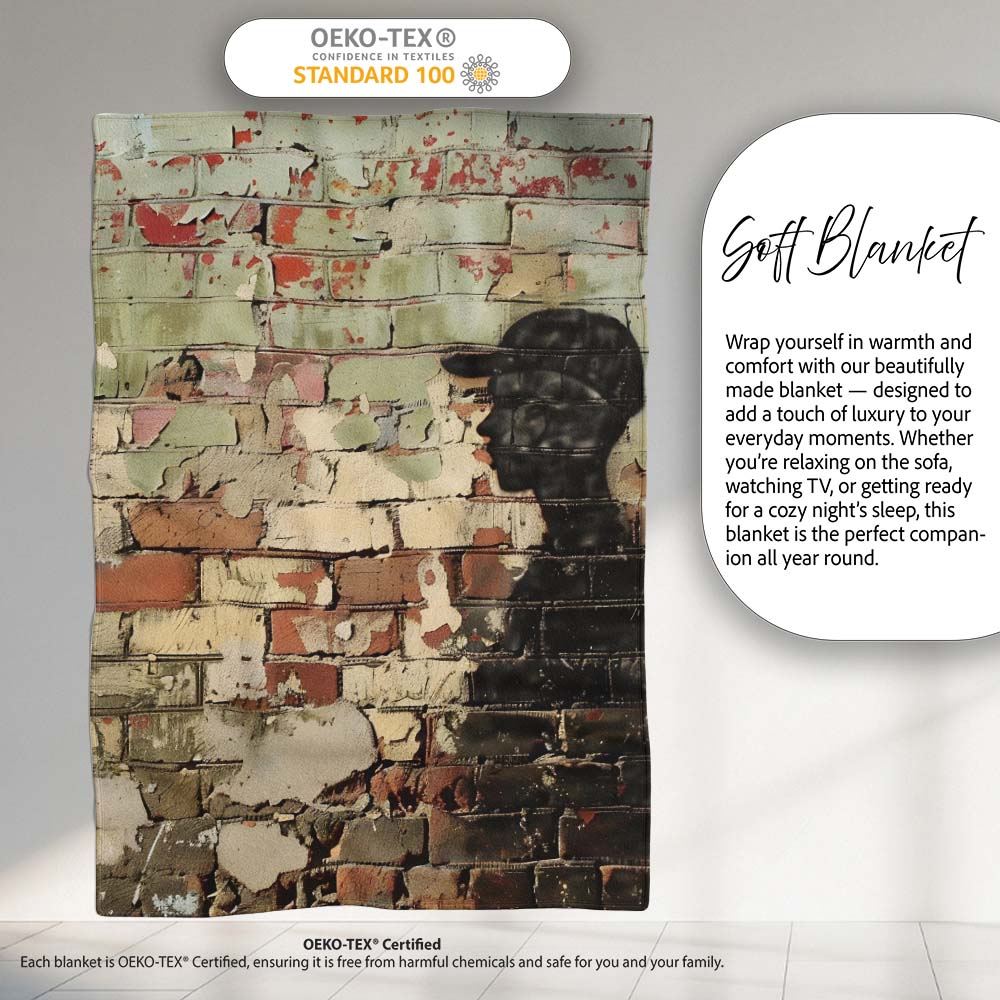 Black Human Profile on Weathered Brick Wall, Bedroom Living Room Accent, Unique Artistic Design - Super Soft Fleece Blanket Bed Sofa Throw