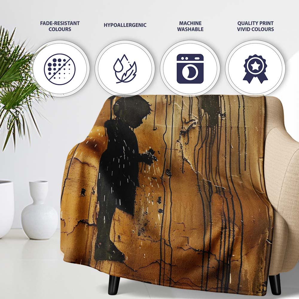 Silhouette Figure Under Black Umbrella Rain Graffiti, Lightweight Comfortable Decorative Accent - Super Soft Fleece Blanket Bed Sofa Throw