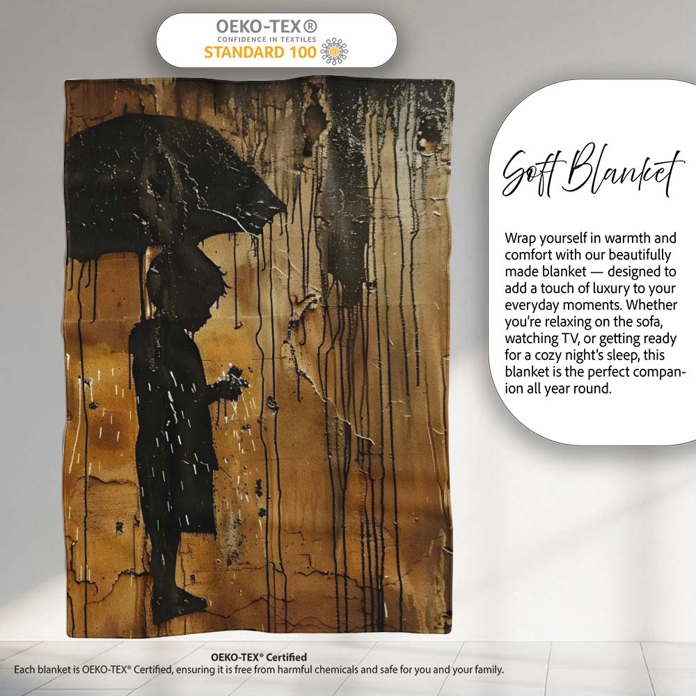 Silhouette Figure Under Black Umbrella Rain Graffiti, Lightweight Comfortable Decorative Accent - Super Soft Fleece Blanket Bed Sofa Throw