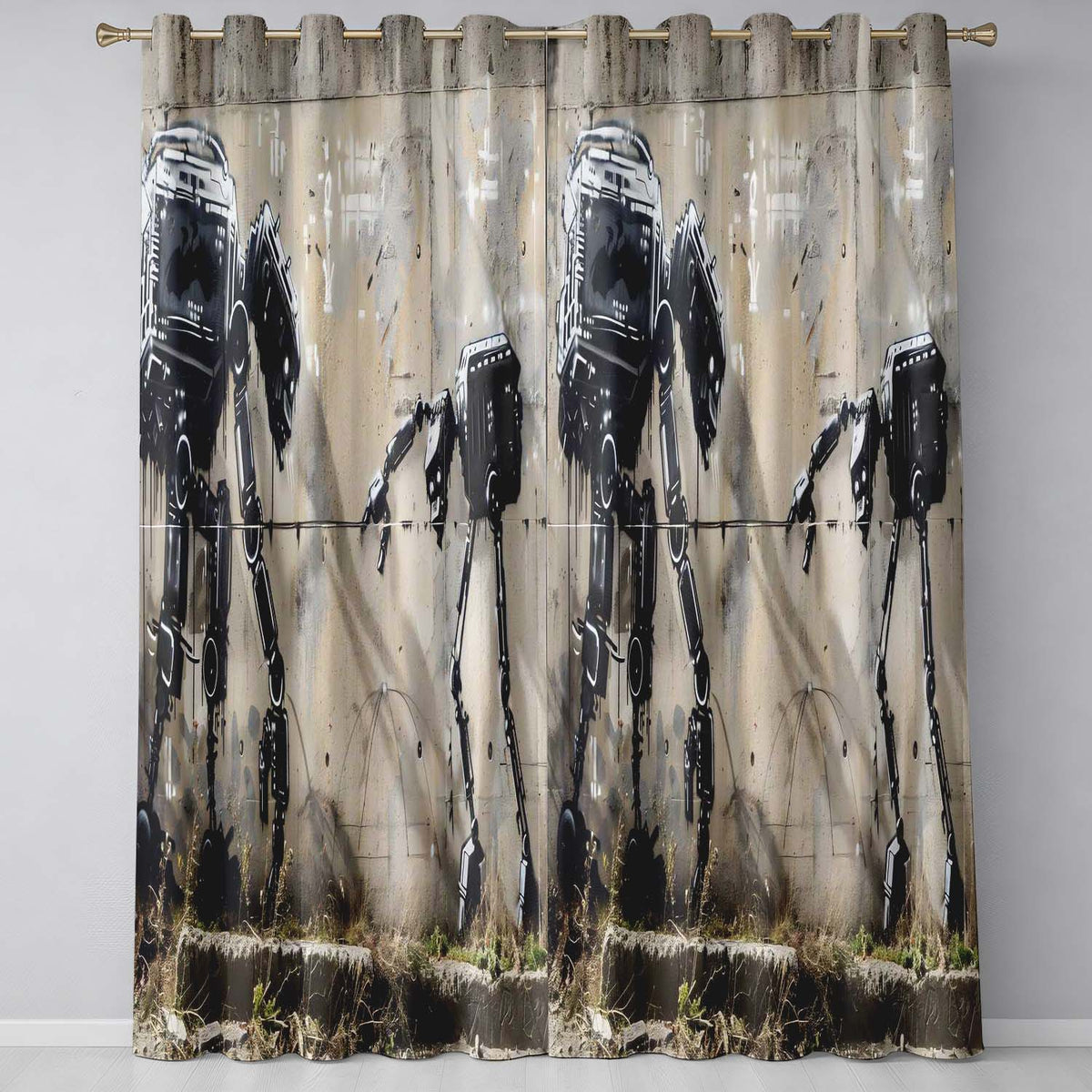 Futuristic Black Robots on Concrete Wall Graffiti Distinctive Artistic Home Decor Readymade Eyelet Ring Top Thermal 100% Blackout Curtains