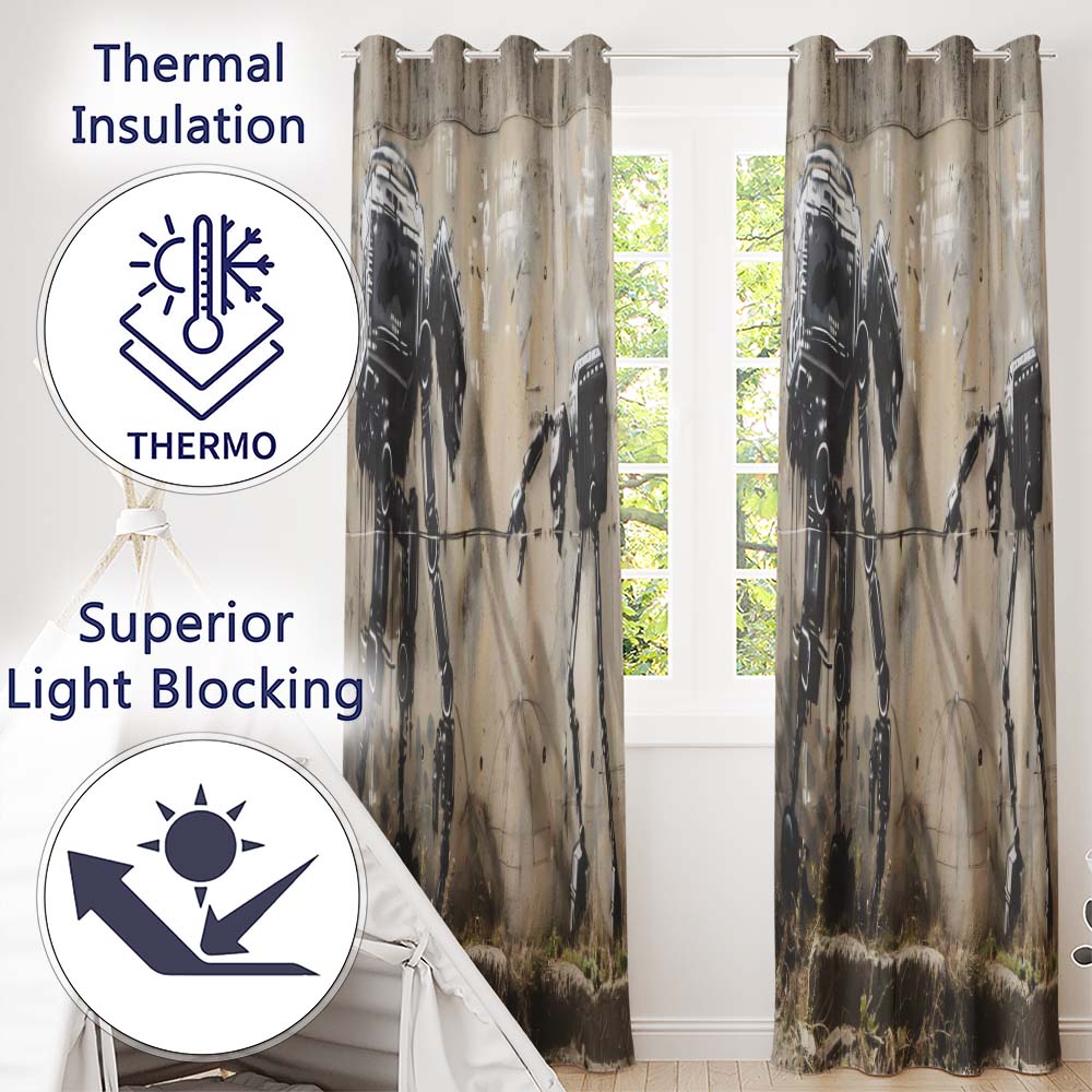 Futuristic Black Robots on Concrete Wall Graffiti Distinctive Artistic Home Decor Readymade Eyelet Ring Top Thermal 100% Blackout Curtains