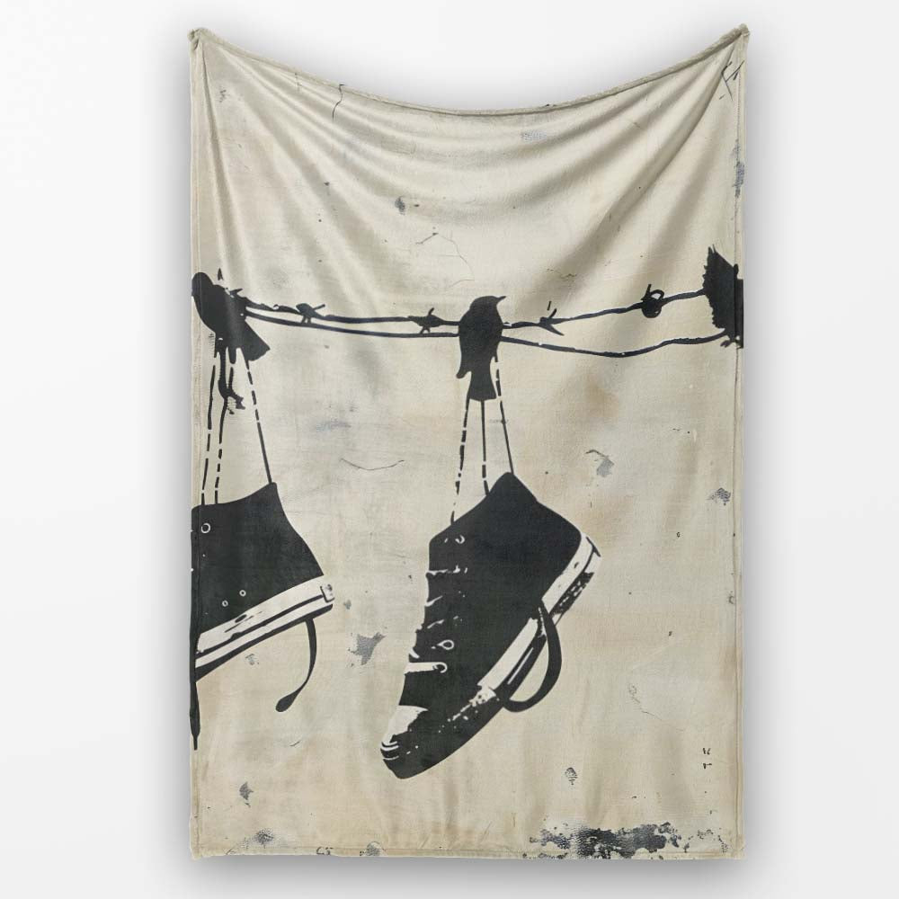 Black Trainers Hanging from Barbed Wire Graffiti, All Season Comfort, Decorative Wall Art Style - Super Soft Fleece Blanket Bed Sofa Throw