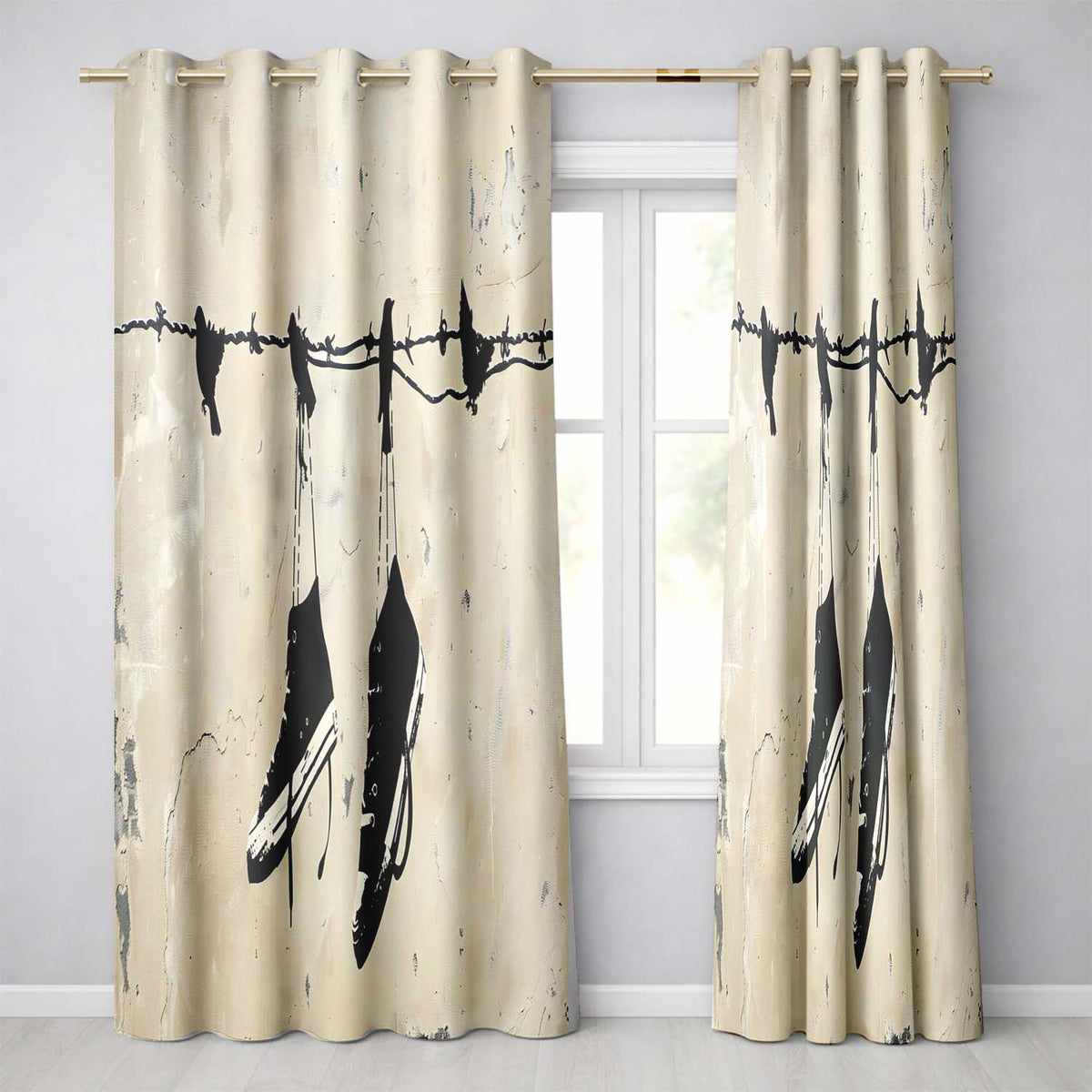 Black Trainers Hanging from Barbed Wire Graffiti Modern Artwork for Bedroom Decor Readymade Eyelet Ring Top Thermal 100% Blackout Curtains