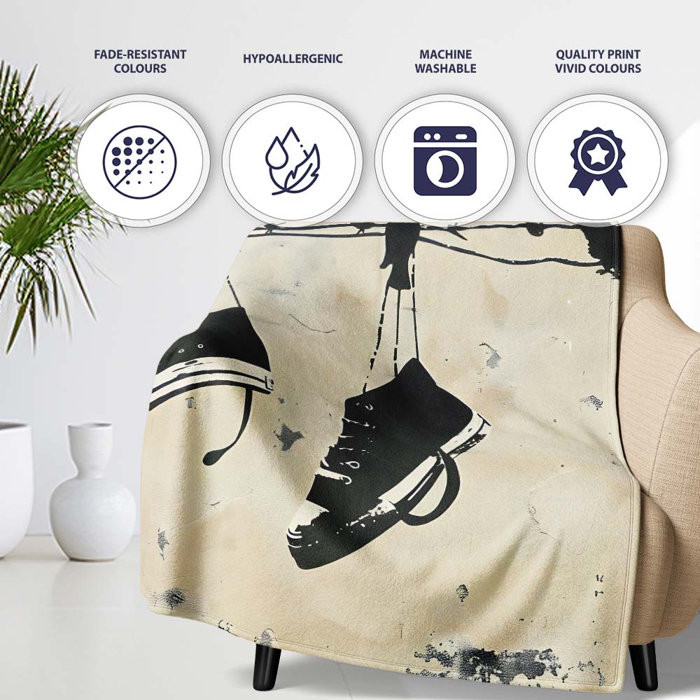 Black Trainers Hanging from Barbed Wire Graffiti, All Season Comfort, Decorative Wall Art Style - Super Soft Fleece Blanket Bed Sofa Throw