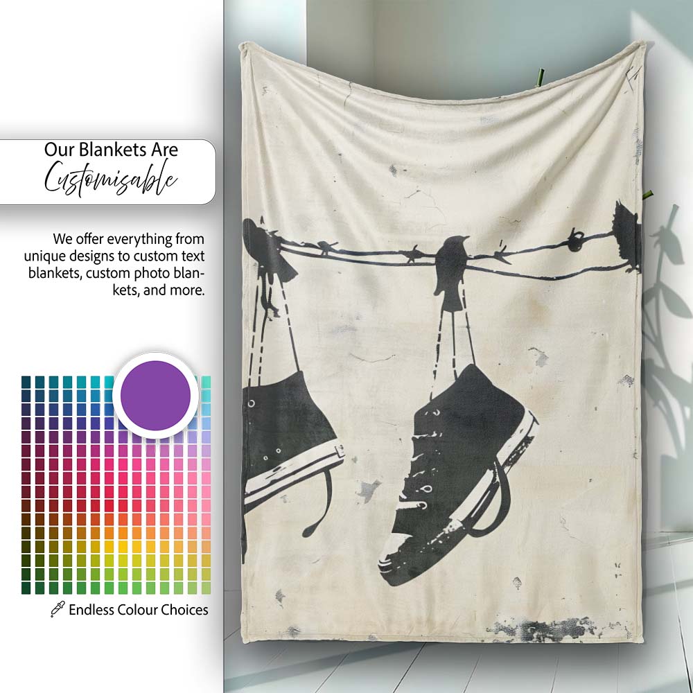 Black Trainers Hanging from Barbed Wire Graffiti, All Season Comfort, Decorative Wall Art Style - Super Soft Fleece Blanket Bed Sofa Throw