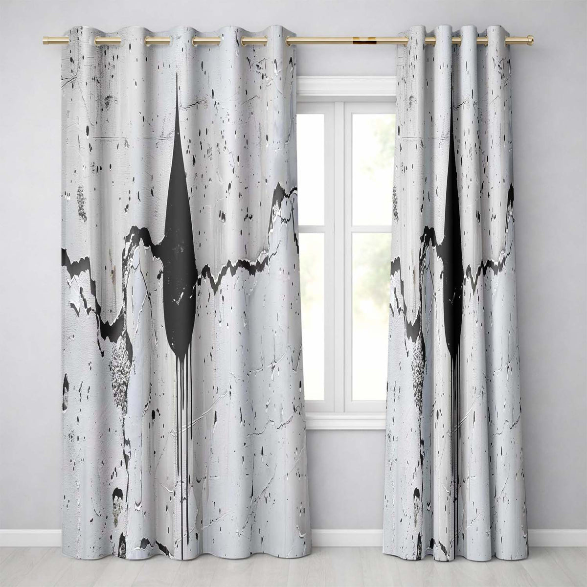 Black Hooded Face on Cracked White Wall Graffiti Modern Artwork for Bedroom Decor Readymade Eyelet Ring Top Thermal 100% Blackout Curtains