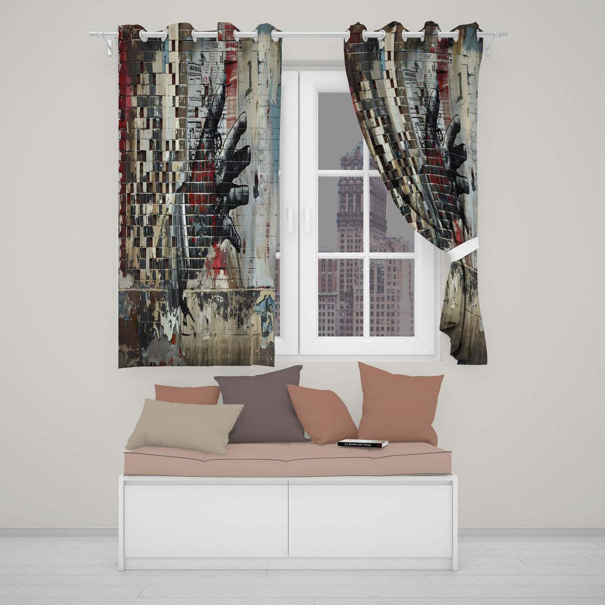 Collage Hand Holding City Newspaper Street Art Creative Artwork for Bedroom Decor Readymade Eyelet Ring Top Thermal 100% Blackout Curtains