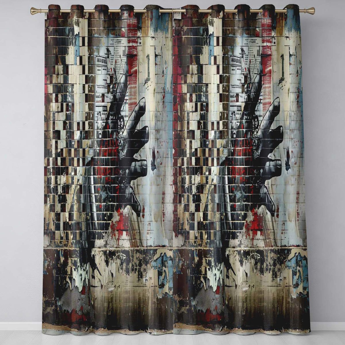 Collage Hand Holding City Newspaper Street Art Creative Artwork for Bedroom Decor Readymade Eyelet Ring Top Thermal 100% Blackout Curtains