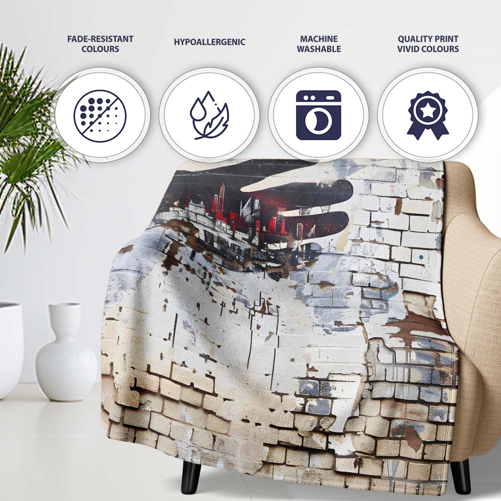 Black Hand Cityscape on Weathered Brick Wall, Comfortable Everyday Use, Stylish Room Decoration - Super Soft Fleece Blanket Bed Sofa Throw
