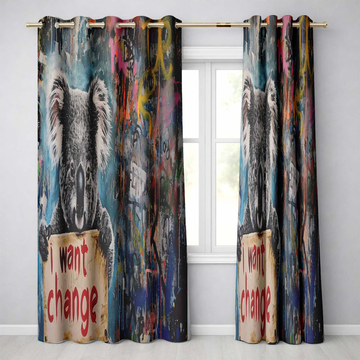 Koala Holding Change Sign Colourful Graffiti Bold Artistic Artwork for Home Decor Readymade Eyelet Ring Top Thermal 100% Blackout Curtains