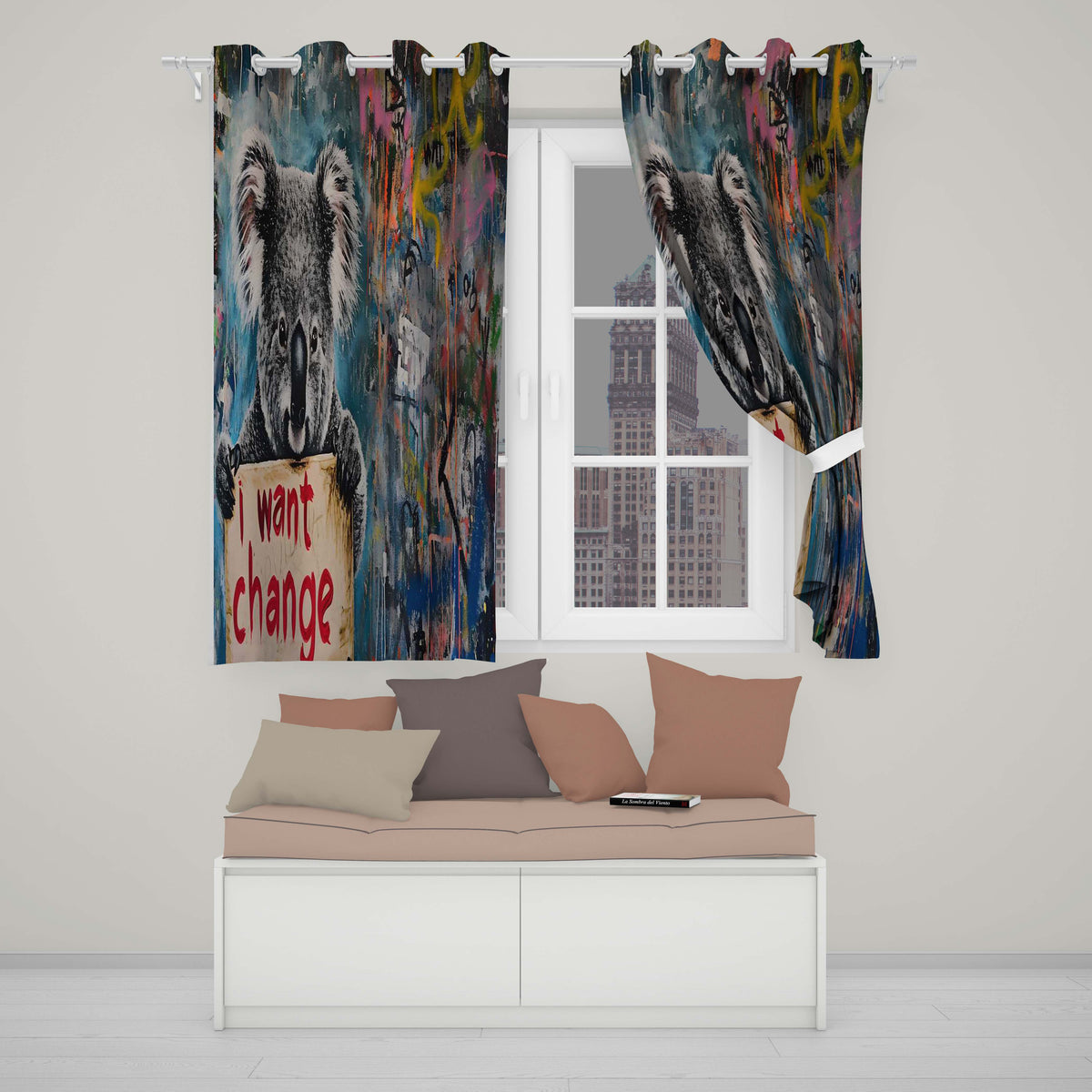 Koala Holding Change Sign Colourful Graffiti Bold Artistic Artwork for Home Decor Readymade Eyelet Ring Top Thermal 100% Blackout Curtains