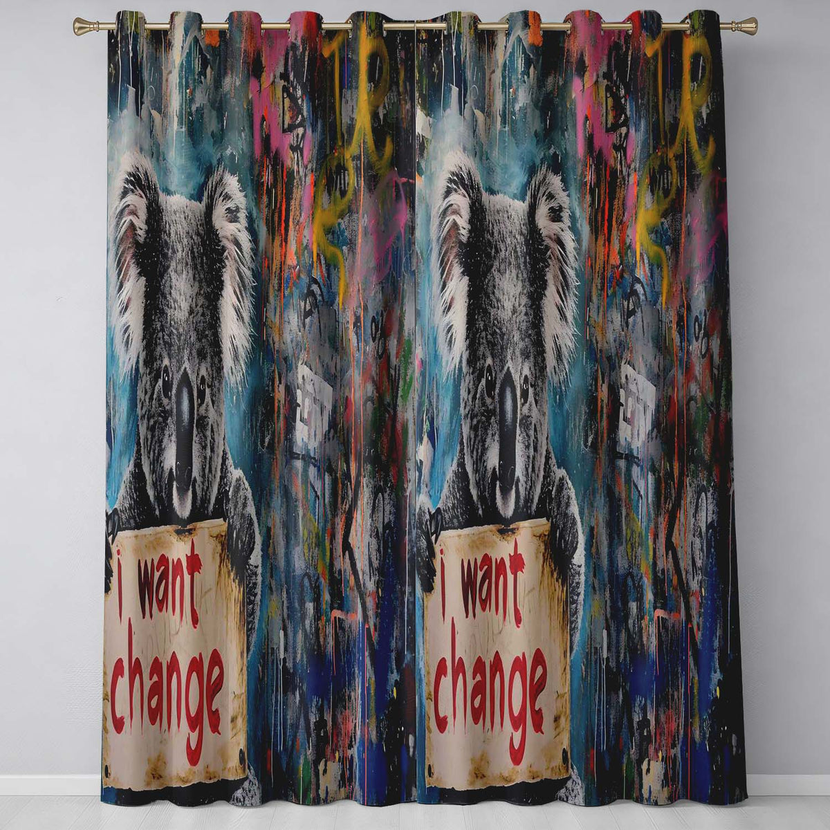 Koala Holding Change Sign Colourful Graffiti Bold Artistic Artwork for Home Decor Readymade Eyelet Ring Top Thermal 100% Blackout Curtains