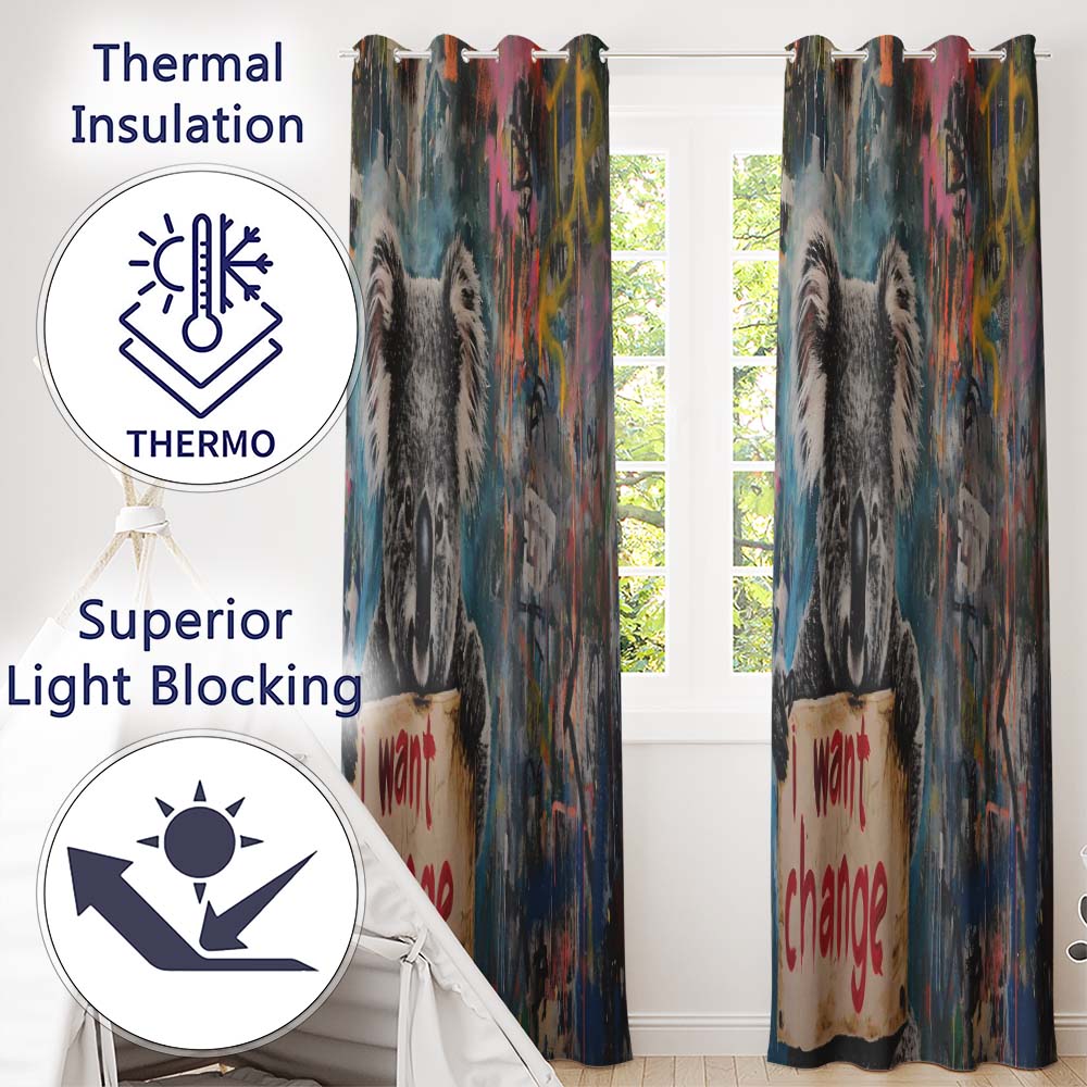 Koala Holding Change Sign Colourful Graffiti Bold Artistic Artwork for Home Decor Readymade Eyelet Ring Top Thermal 100% Blackout Curtains