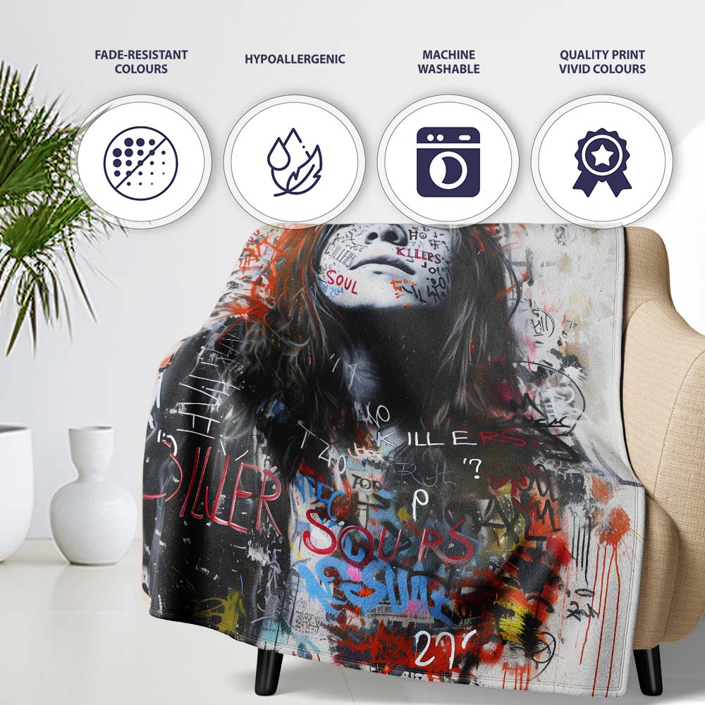 Woman Portrait with Graffiti Writing Urban Pop Art, All Season Comfort, Stylish Room Decoration - Super Soft Fleece Blanket Bed Sofa Throw