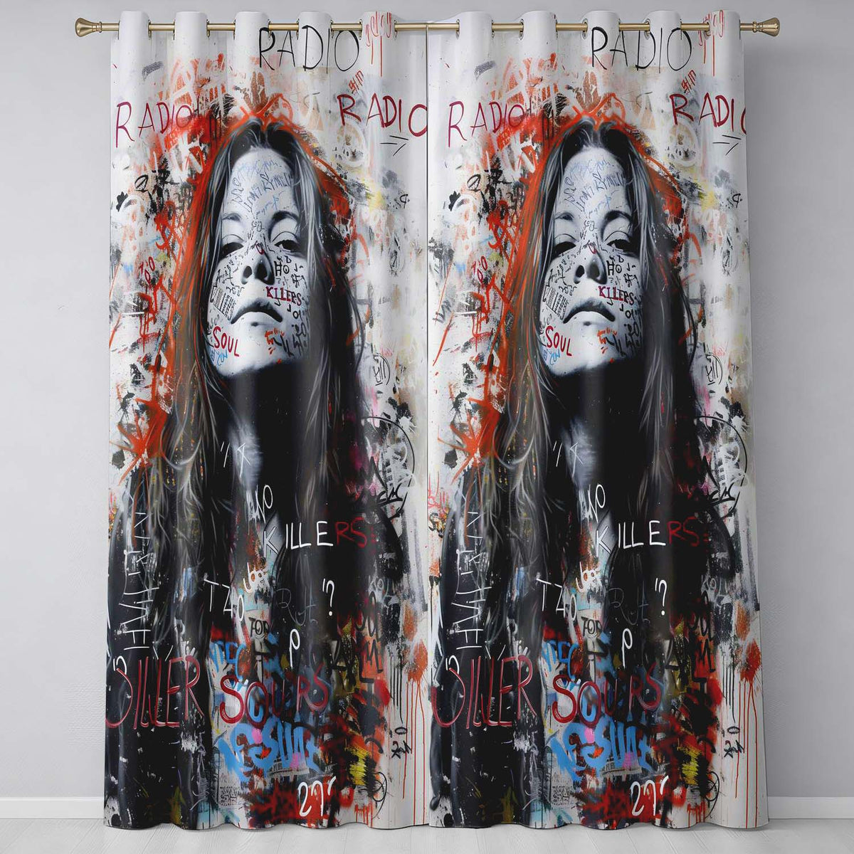 Woman Portrait with Graffiti Writing Urban Pop Art Expressive Artistic Home Decor Readymade Eyelet Ring Top Thermal 100% Blackout Curtains
